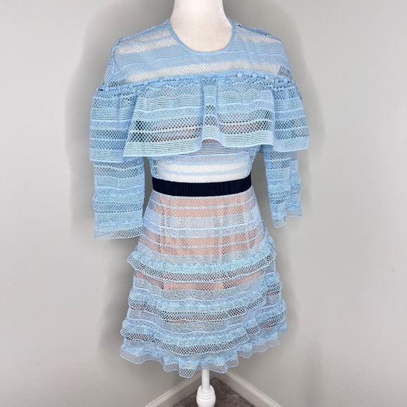 Self-Portrait Baby Blue Stripe Grid Lace Tiered Ruffle Mini Dress 4 - Picture 2 of 8